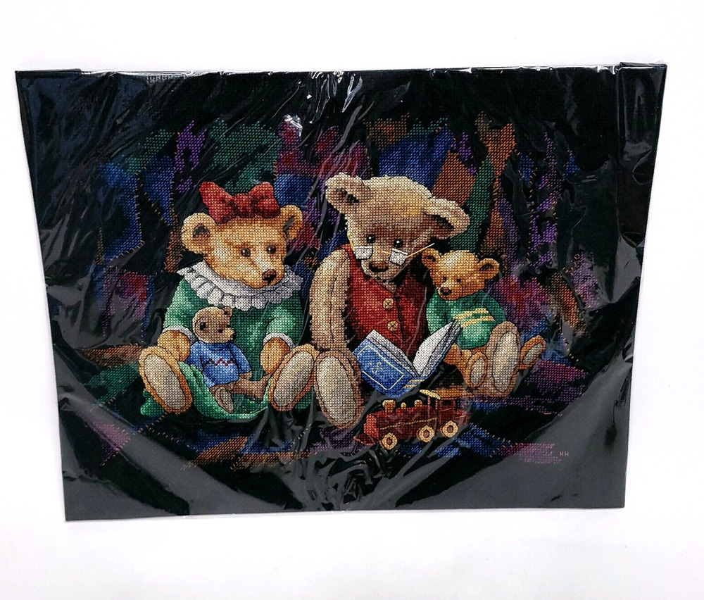 Handmade Cross Stitch Teddy Bear Family Toys Needlework Folk Art Unframed